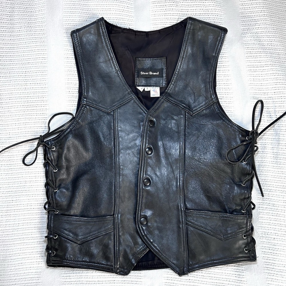 Steer Brand Leather Vest Mens L Black Western Biker Vintage USA Lined
